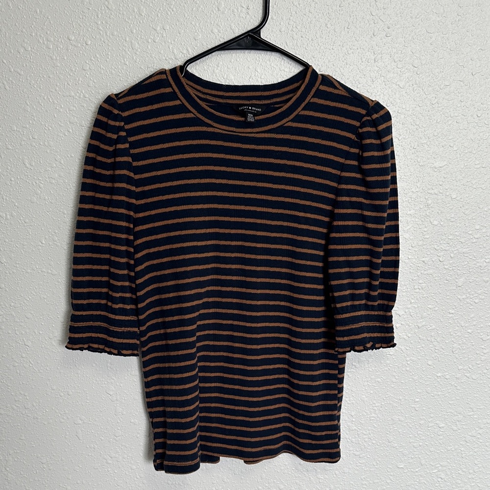 Lucky Brand Black and Brown Striped Puffed Sleeve Blouse Size Medium - Picture 3 of 9